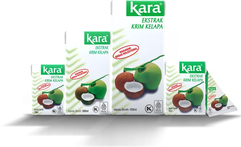 Rangkaian produk Kara Ekstrak Krim Kelapa dalam saiz 85ml, 110ml, 200ml, 500ml dan 1000ml